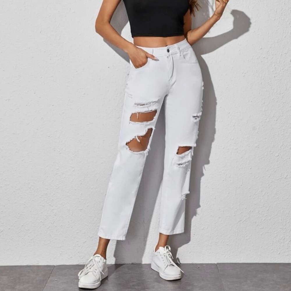 Distressed Mom Jeans White Small